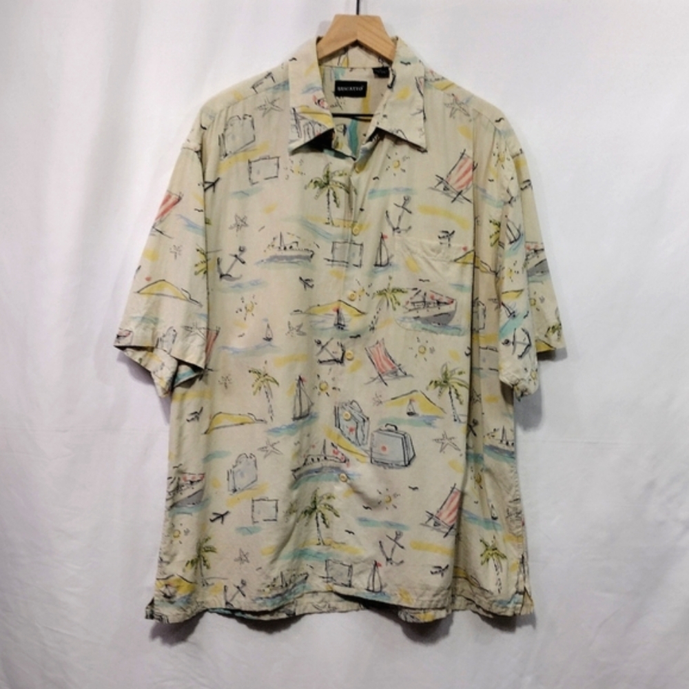 Vintage Riscatto 100% Silk Hawaiian Shirt Yellow Men's XL Beach Vacation Casual